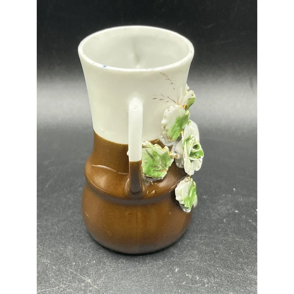 Vtg Porcelain Vase Brown & White with Flowers 3.5